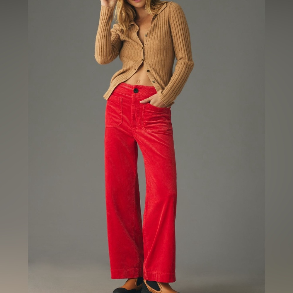 Maeve by Anthropologie red corduroy wide leg Colette cropped pants, size 31.